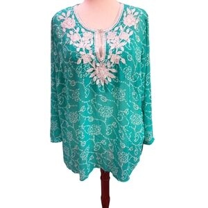 Susan Graver Turquoise Floral Embroidered Blouse